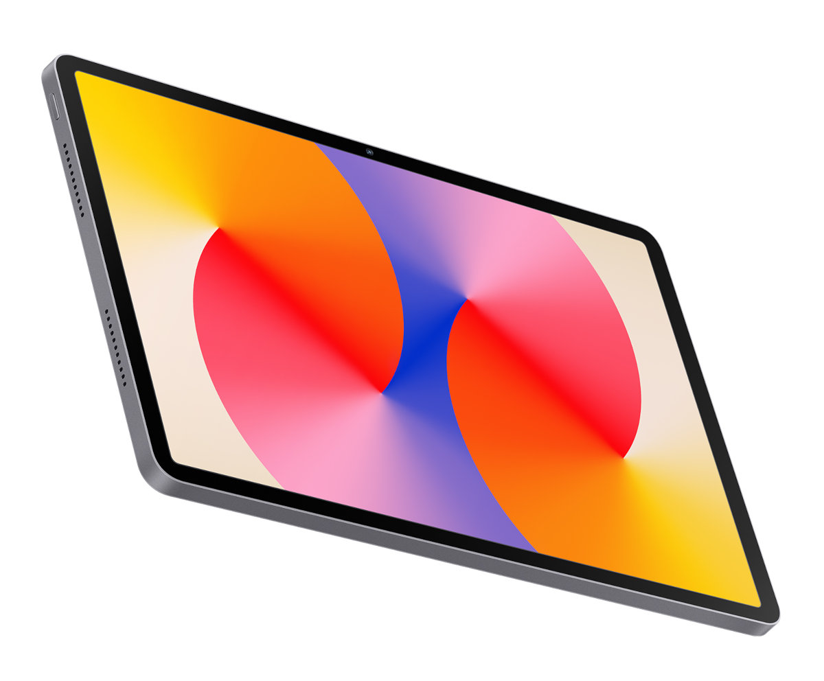 Tablet z kolorowym, abstrakcyjnym tłem. Unosi się na białym tle.