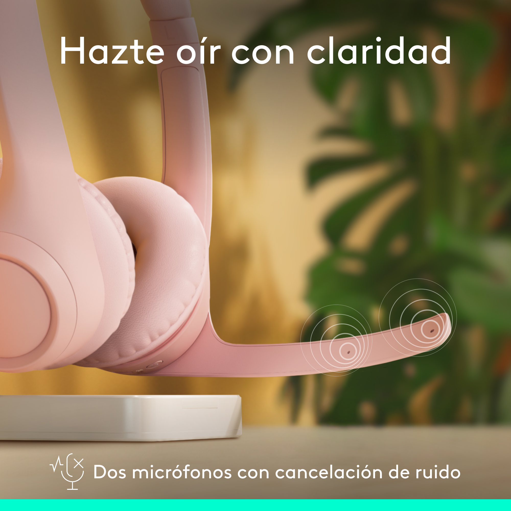 Auriculares rosas con micrófono, sobre un soporte blanco. Texto en español.