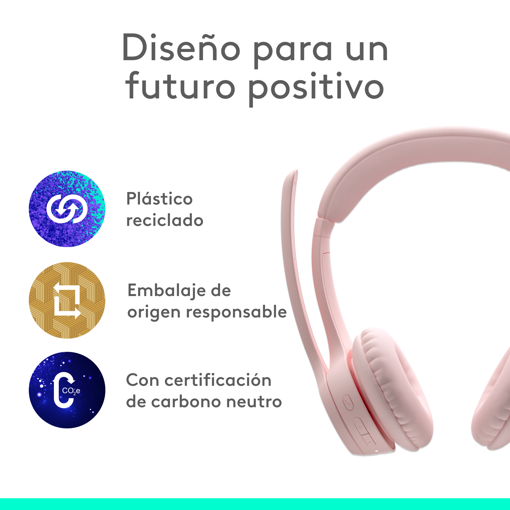 Auriculares rosas con texto e iconos que promueven plástico reciclado, embalaje responsable y carbono neutral.