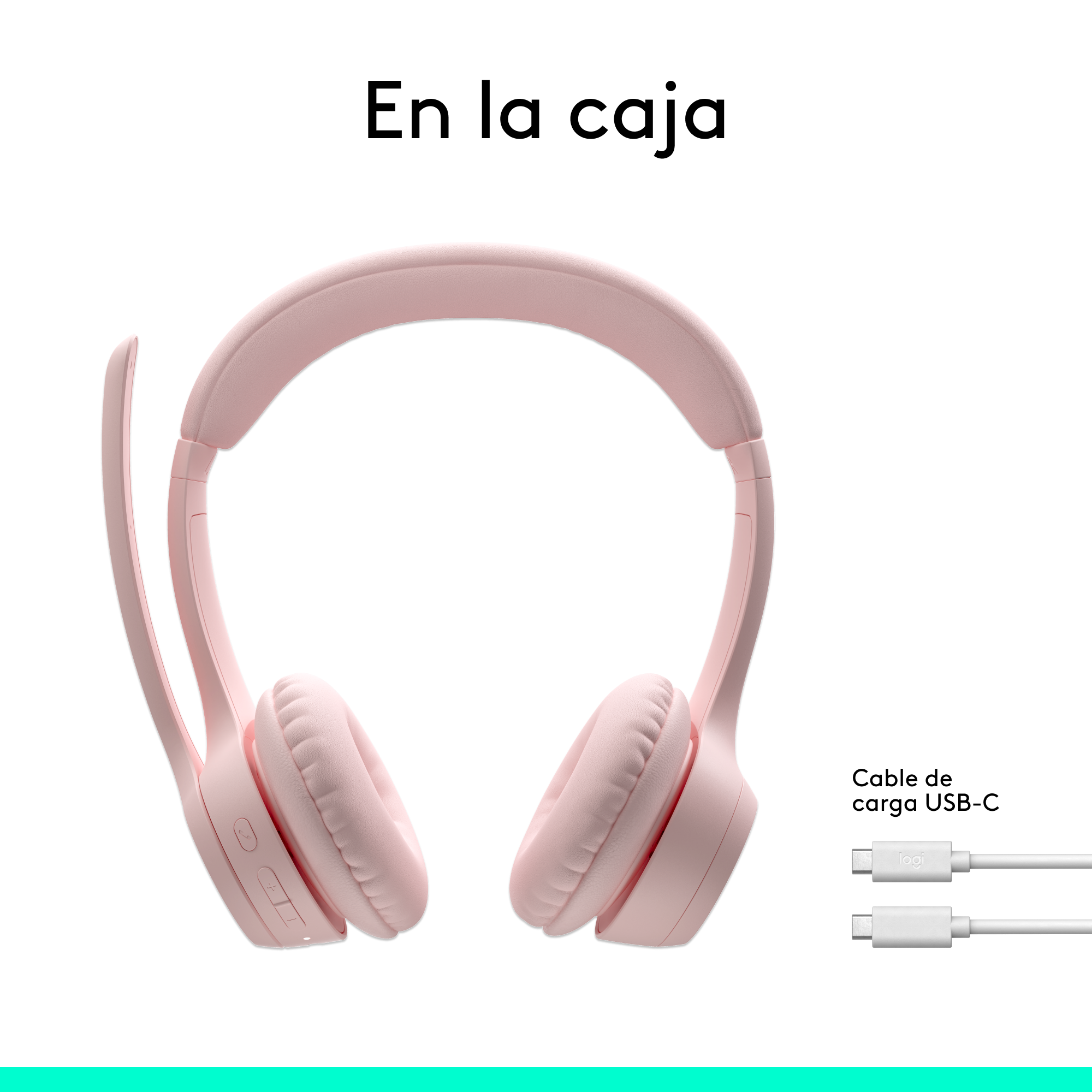 Auriculares rosas con micrófono y cable de carga USB-C sobre fondo blanco.
