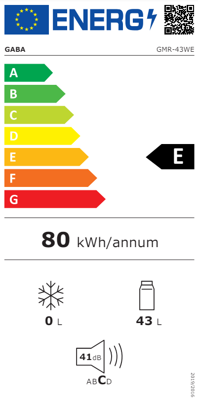Energia címke GABA hűtőszekrényhez, energiahatékonyságot és fogyasztási adatokat mutatva.
