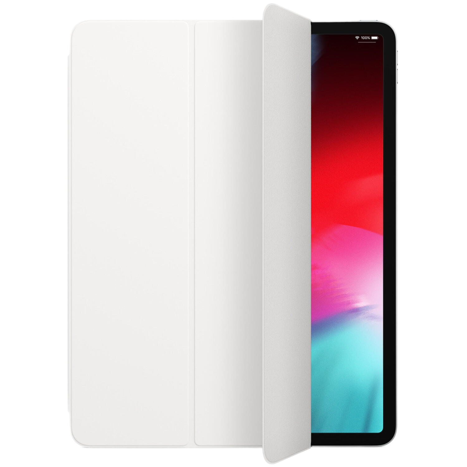 Een witte tablet met een witte hoes gedeeltelijk open, met een rood en wit scherm.