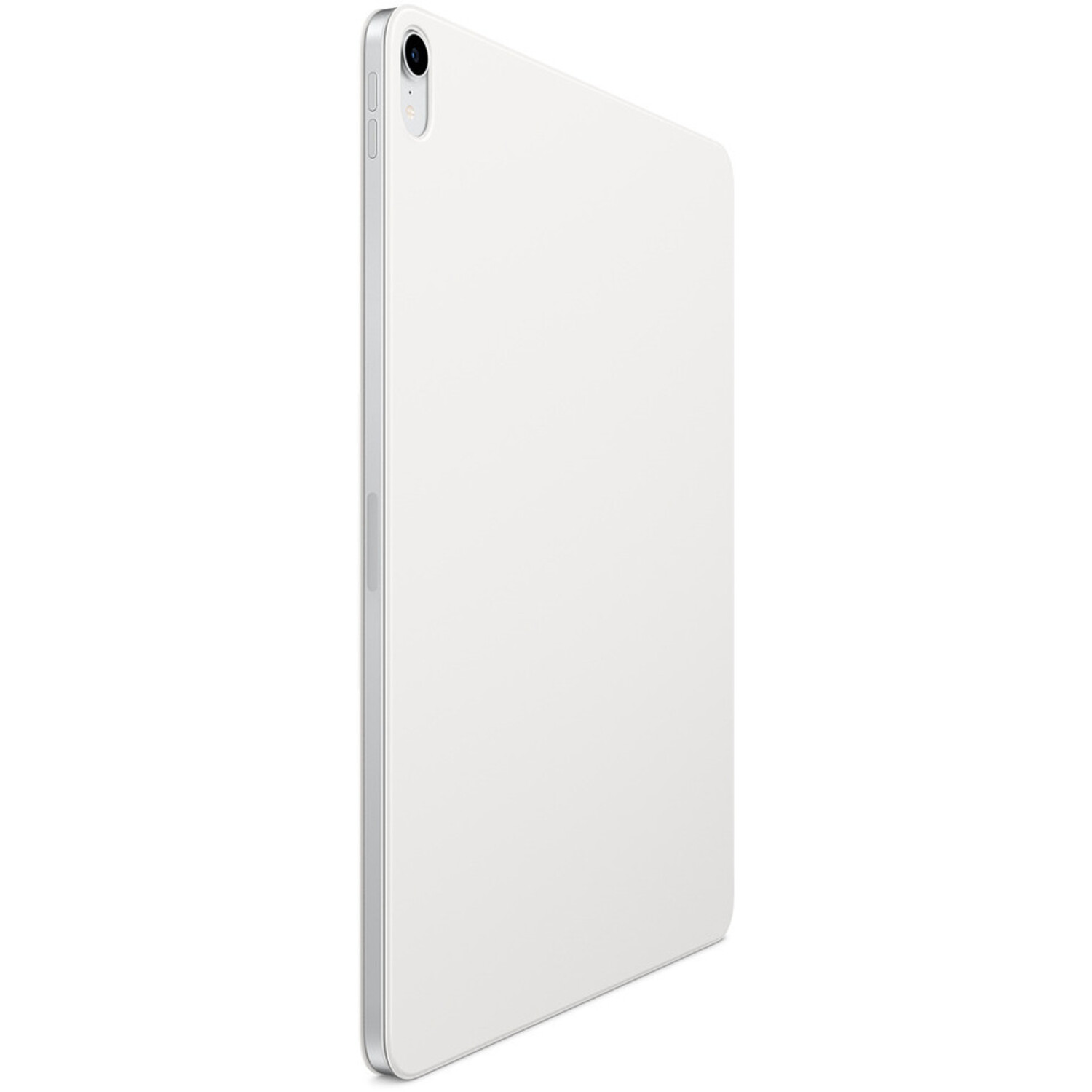 Witte tablet, zijaanzicht. Zilveren rand en camera bovenaan.
