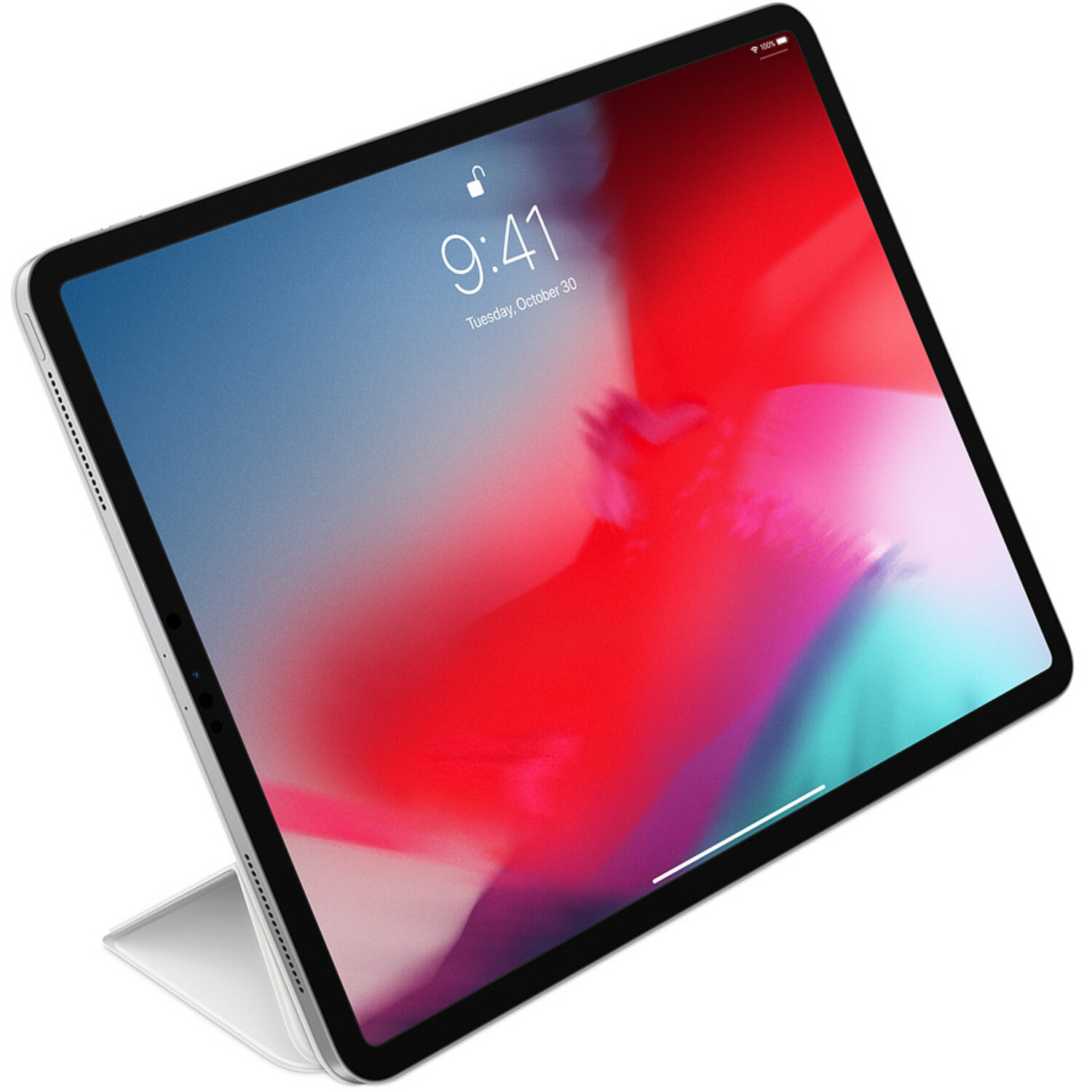Tablet met scherm waarop tijd en datum worden weergegeven, met een rode en blauwe abstracte achtergrond.
