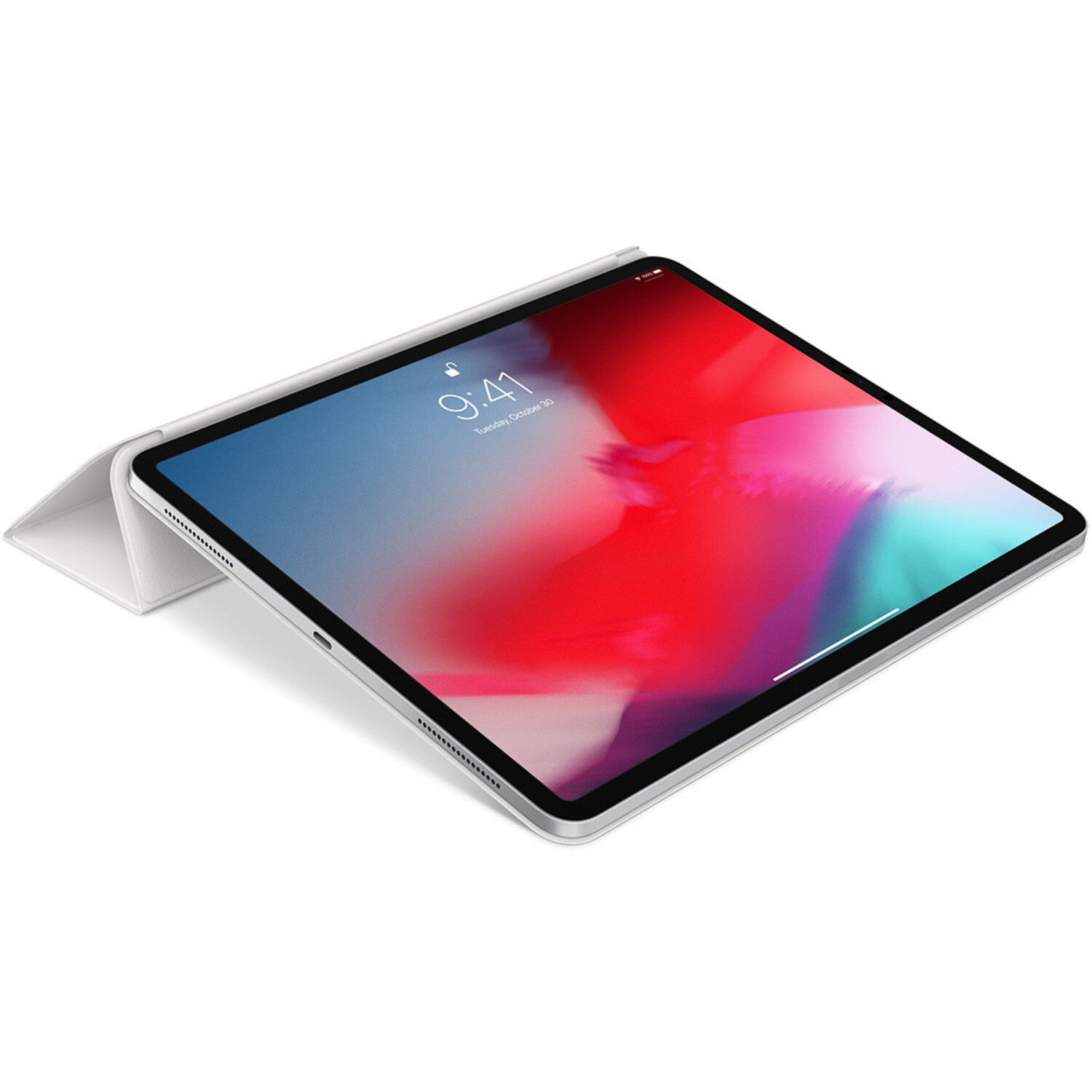 Een iPad met een witte cover. Het scherm toont een kalenderweergave.