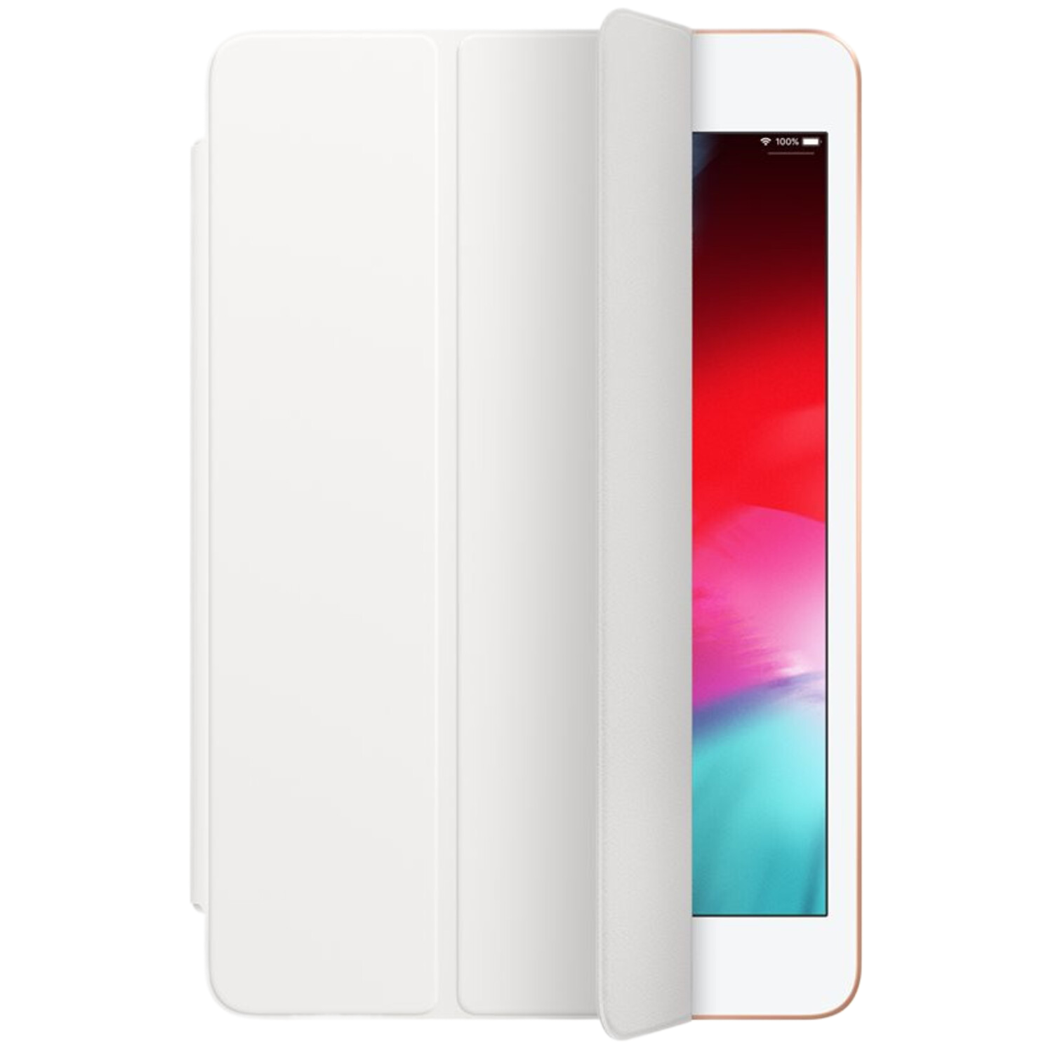 Un étui blanc pour iPad avec l'écran affichant un fond rouge et bleu.