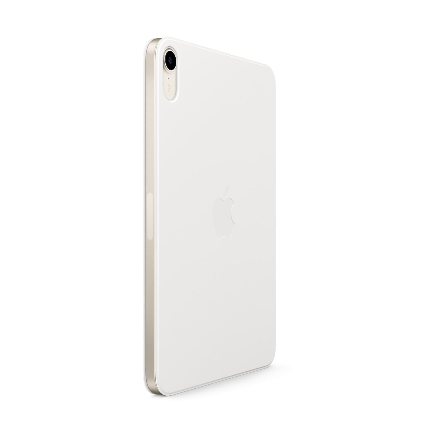 Tablette blanche, vue arrière, caméra et logo au dos. Fond blanc.
