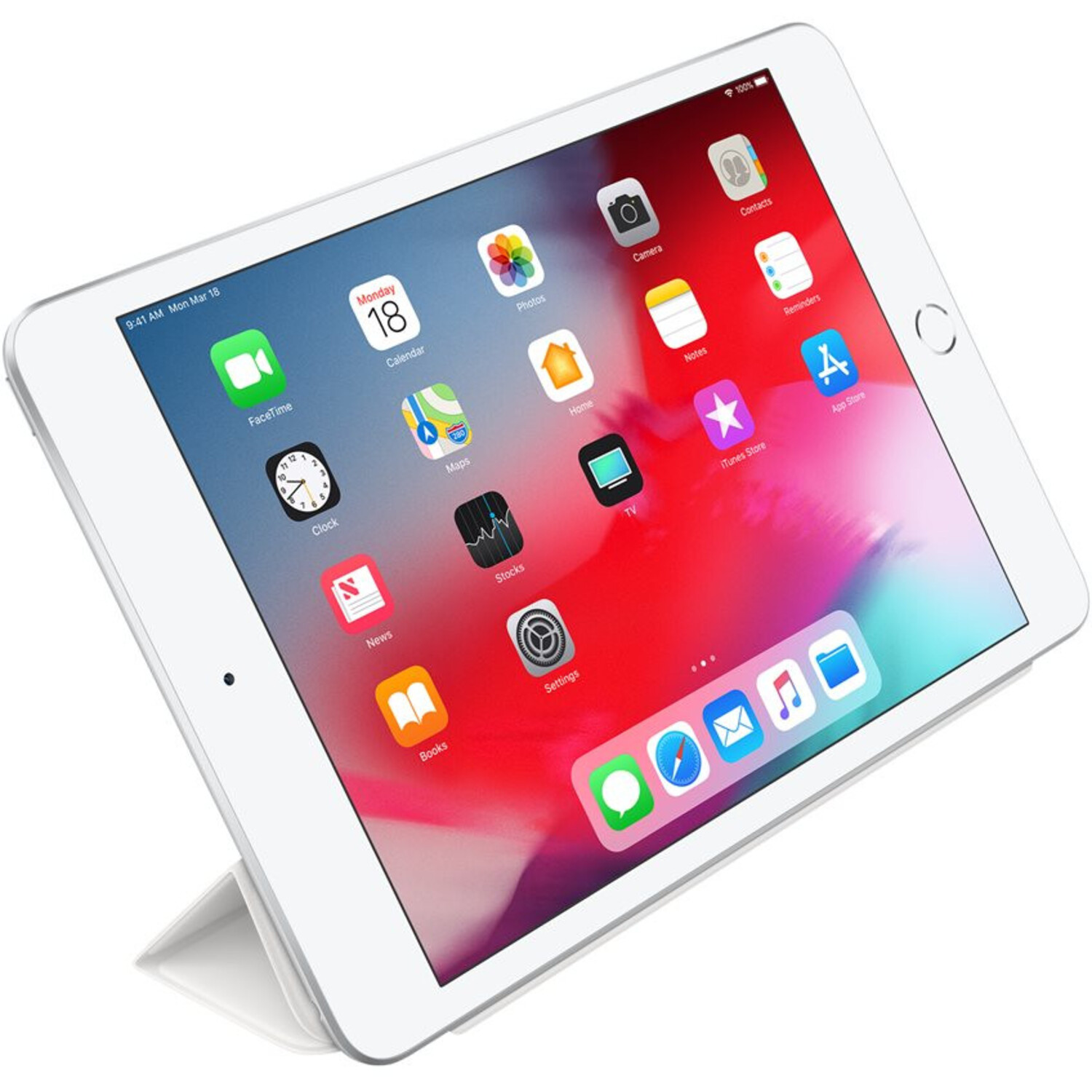 iPad blanc avec applications sur l'écran, relevé. Affiche calendrier, appareil photo et autres icônes.