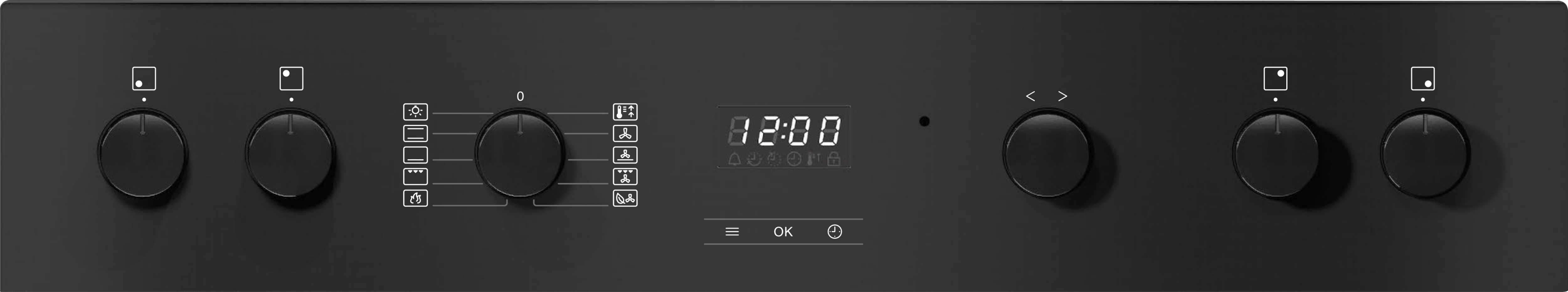 Schwarzes Backofen-Bedienfeld mit Drehknöpfen, einer Digitaluhr und Symbolen.