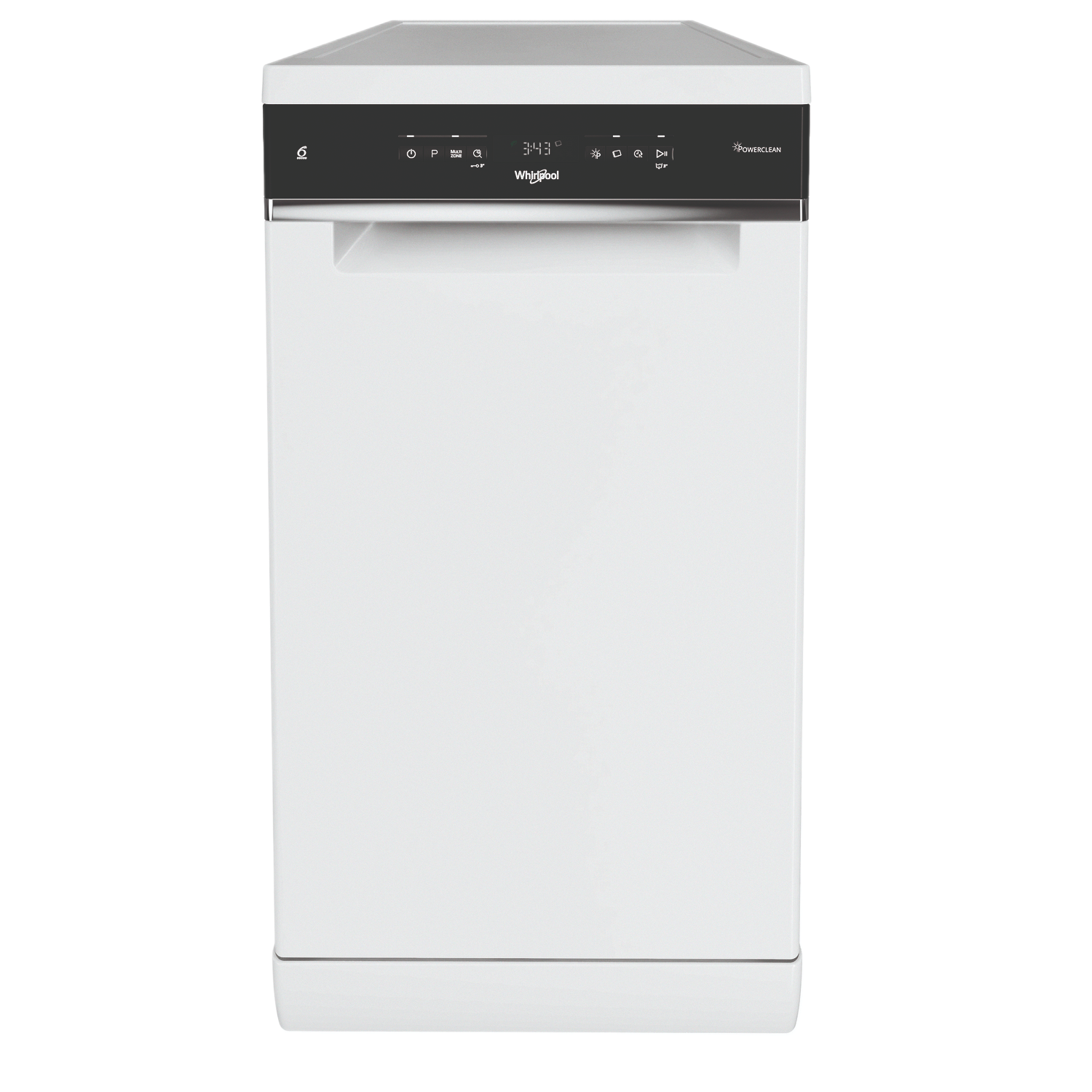Witte Whirlpool vaatwasser, bedieningspaneel bovenaan, deur gesloten, geïsoleerd op witte achtergrond.