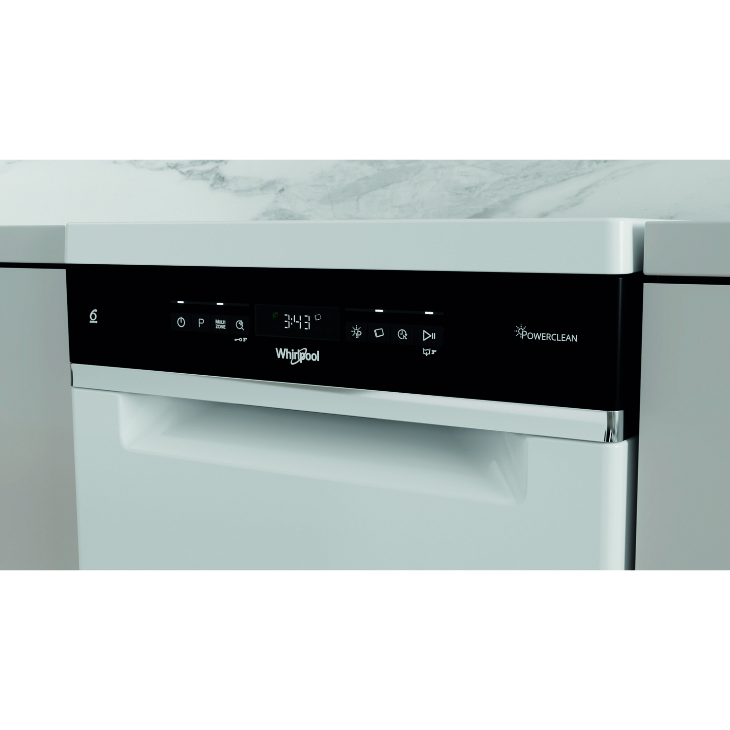 Een witte Whirlpool vaatwasser met een zwart bedieningspaneel met de tijd en instellingen.