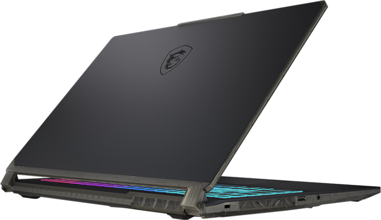MSI Gaming-Laptop, geöffnet, zeigt Tastatur mit bunten Lichtern. Rückansicht sichtbar.
