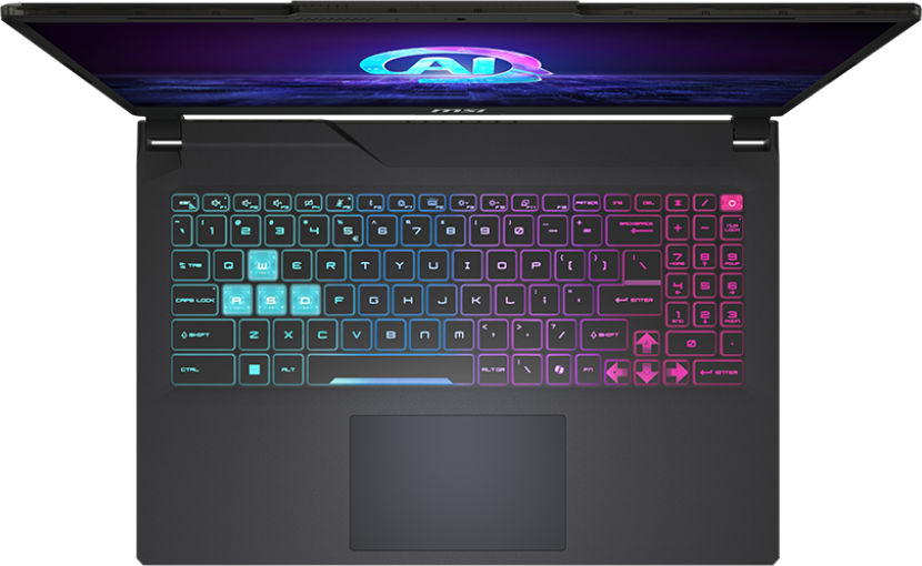 Eine Laptop-Tastatur mit farbenfroher Beleuchtung. Der Bildschirm zeigt ein Logo.