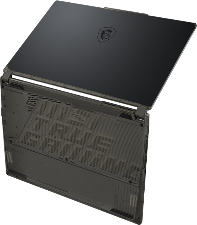 Geöffnete Ansicht des Laptops, Rückseite mit Text und MSI-Logo.