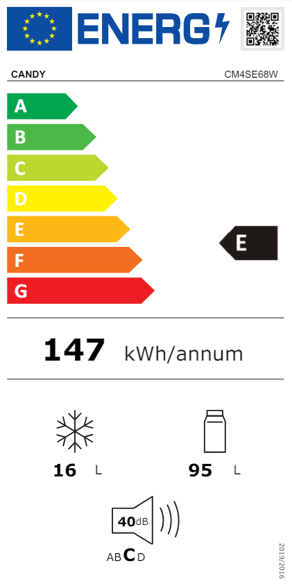 Energia címke egy Candy hűtőhöz. Megmutatja az energiahatékonyságot és egyéb specifikációkat.