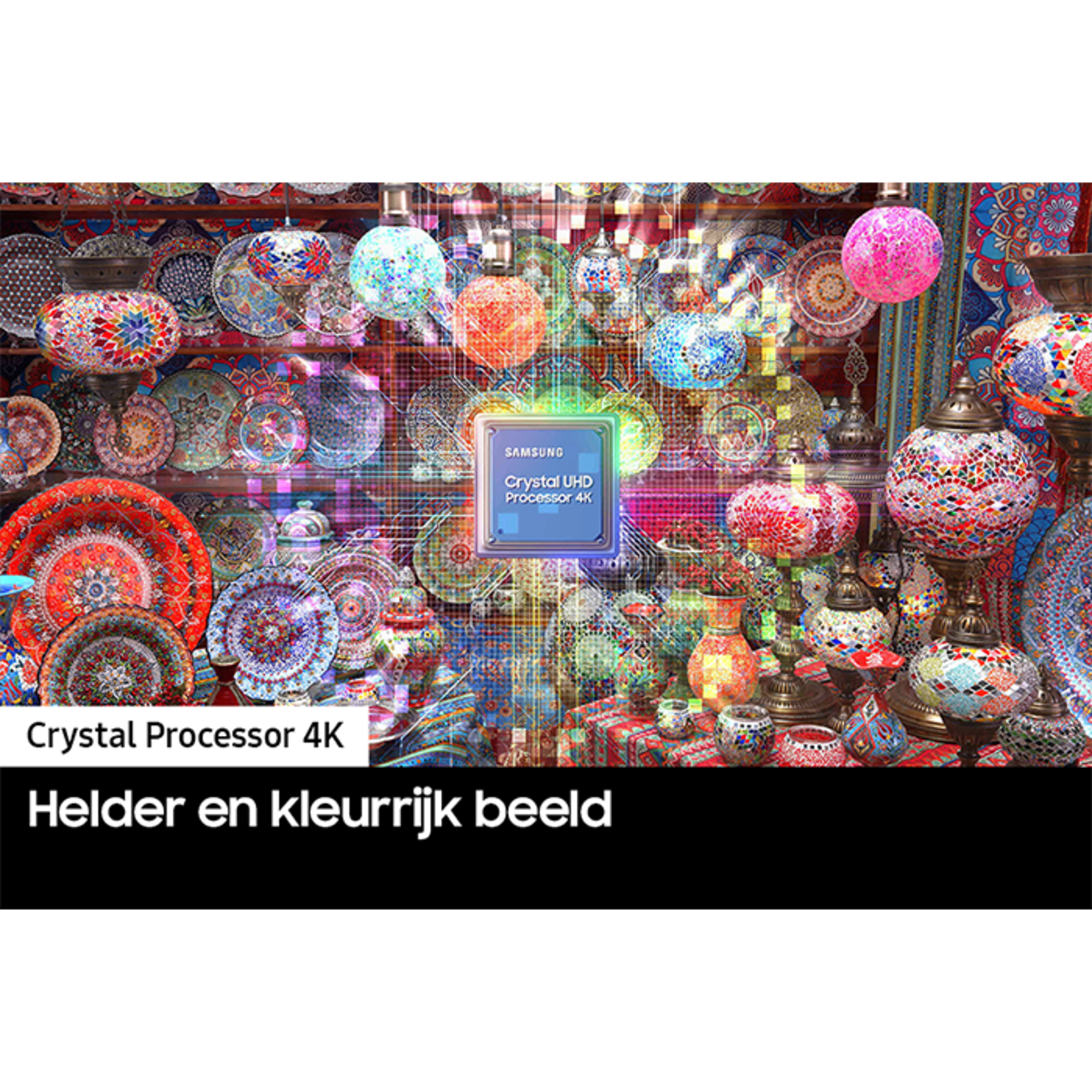 Een display van borden en lampen met een Samsung Crystal Processor 4K logo.