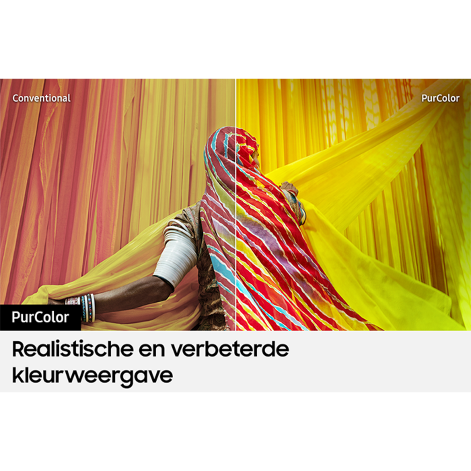 Afbeelding gesplitst, linkerkant toont conventionele kleuren, rechterkant PurColor, een vrouw in het midden.