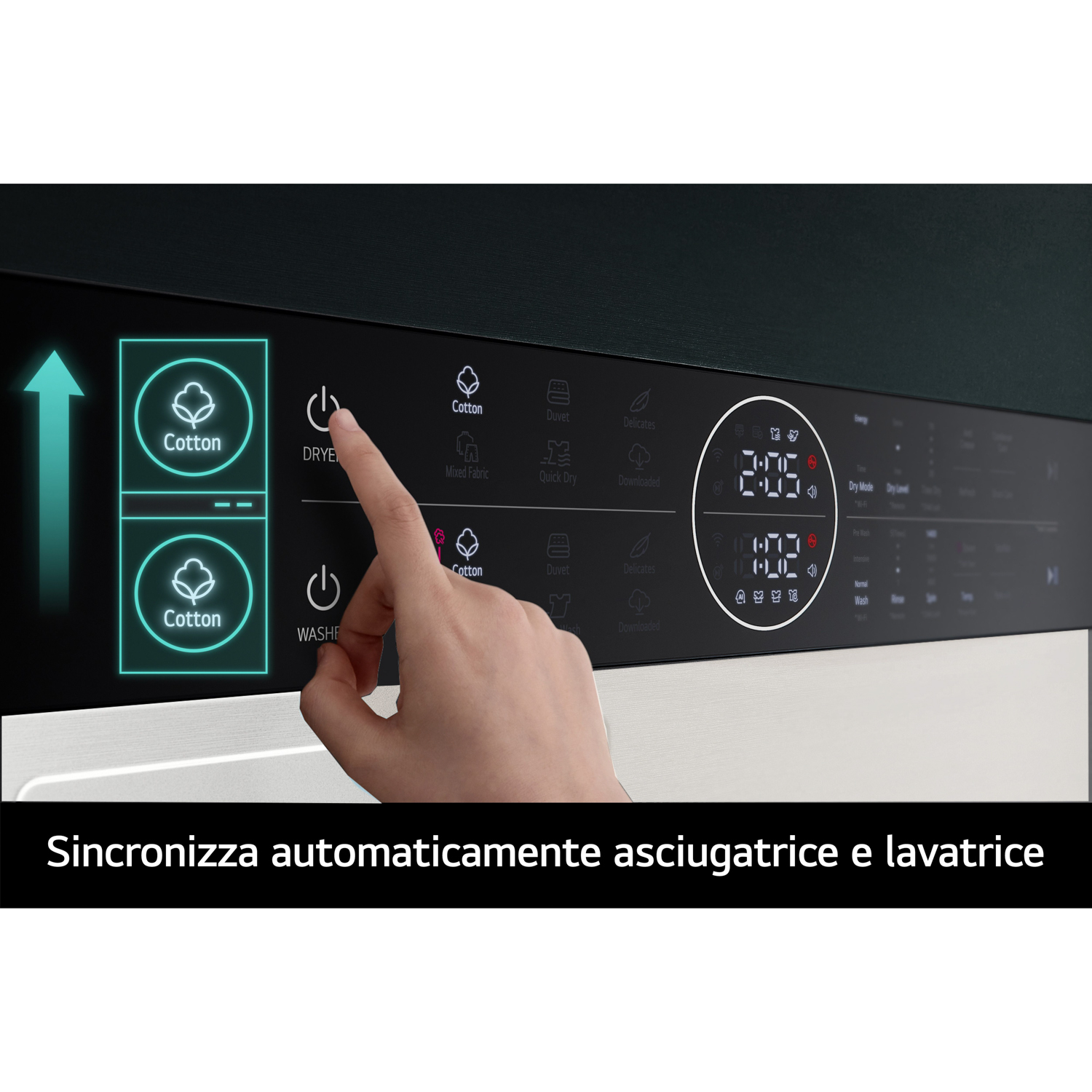 Una mano che preme un pulsante sul pannello di controllo di una lavatrice, con il testo