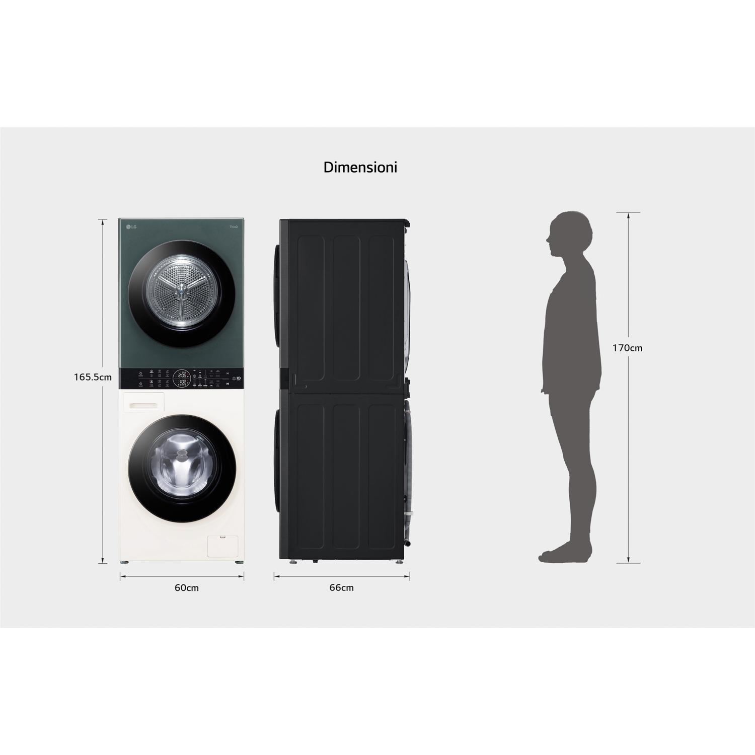 Lavatrice e asciugatrice impilate con dimensioni e una silhouette umana per scala. L'asciugatrice è verde scuro.