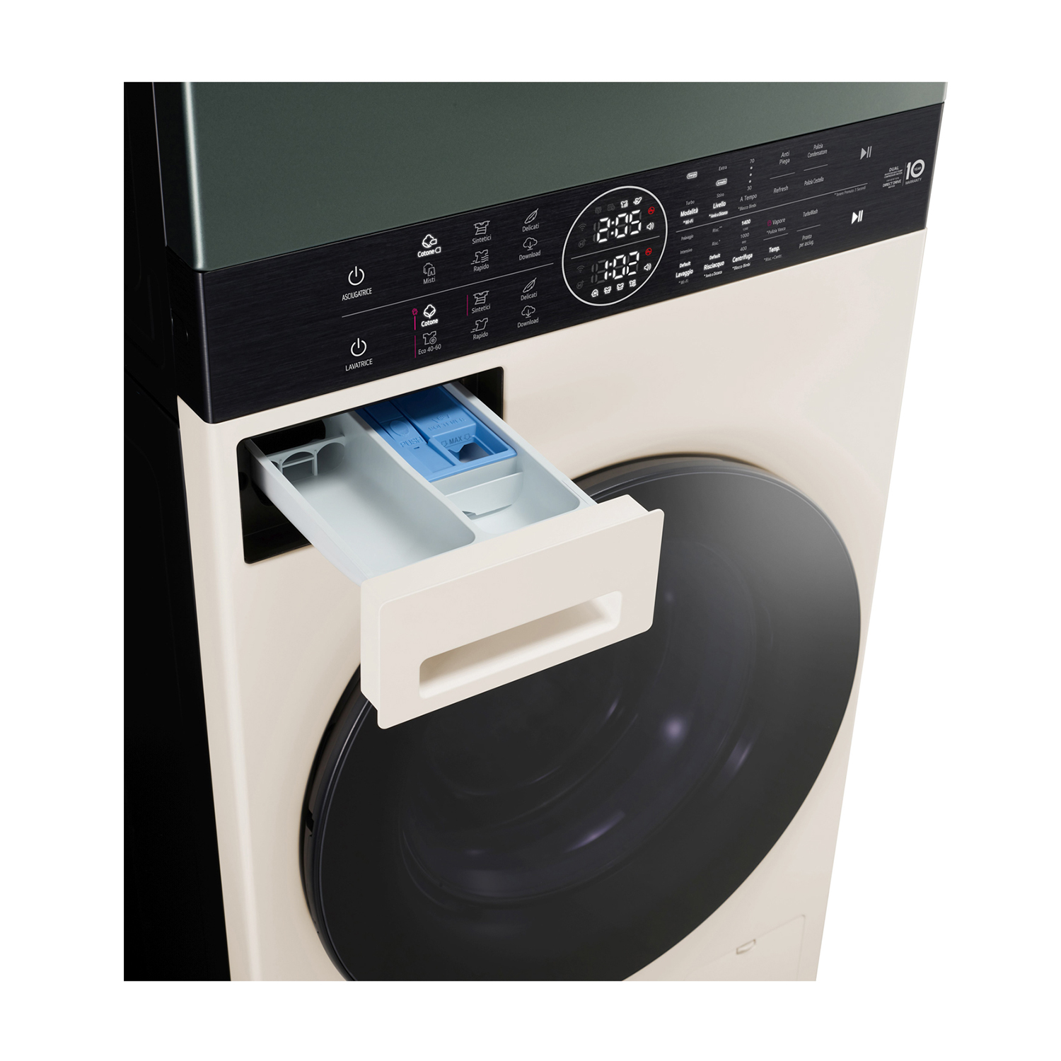 Lavatrice con cassetto detersivo aperto, pannello di controllo visibile.