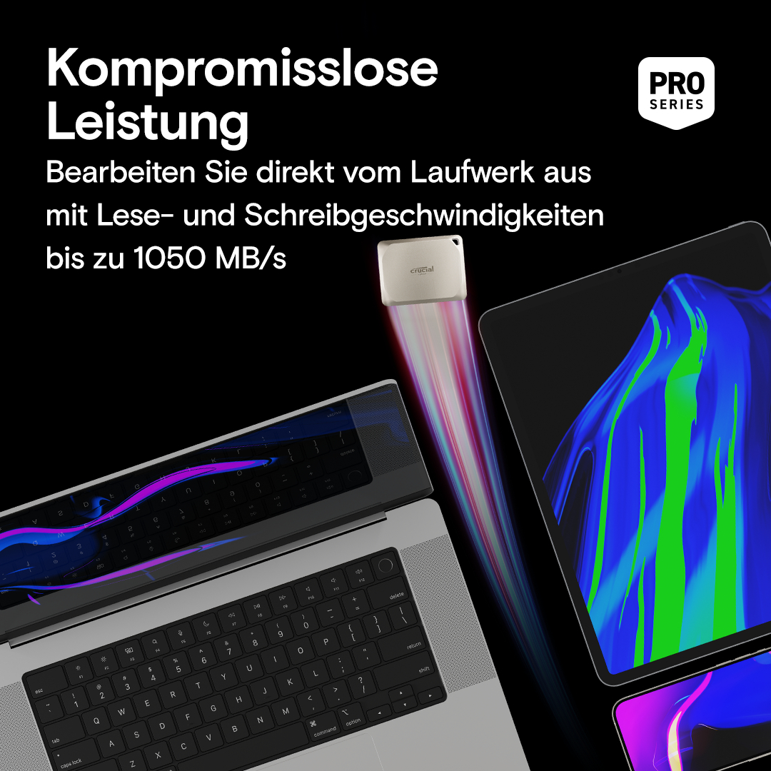 Laptop und Tablet mit Text: Kompromisslose Leistung. Ein Datenübertragungsgerät mit Strahl.