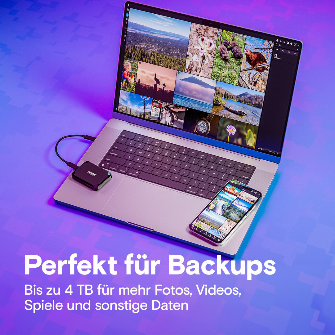 Laptop mit externer Festplatte und Telefon. Der Bildschirm zeigt Fotos. Lila und blauer Hintergrund.