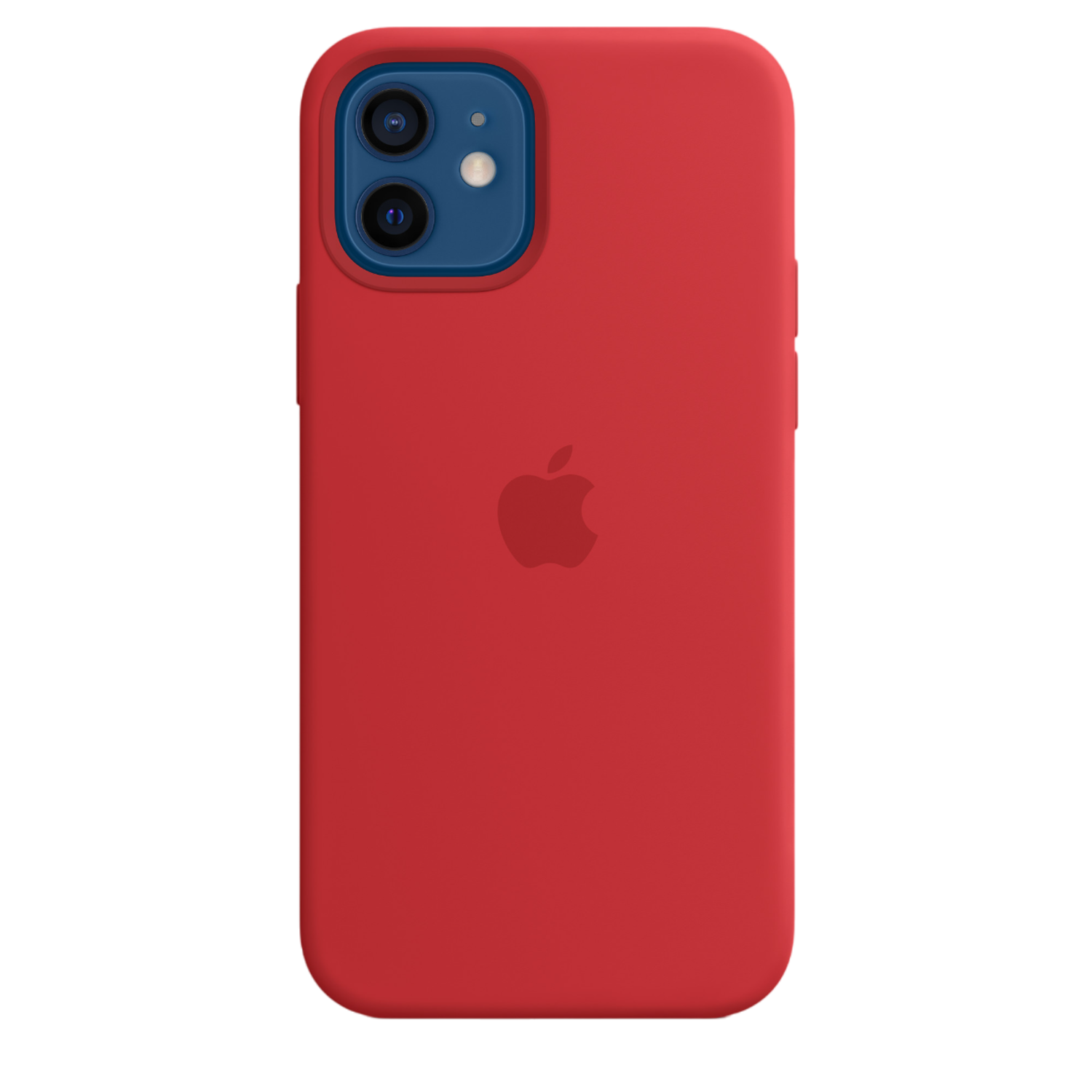 Rode iPhone 12 met blauwe camerabehuizing, Apple-logo op zwarte achtergrond.