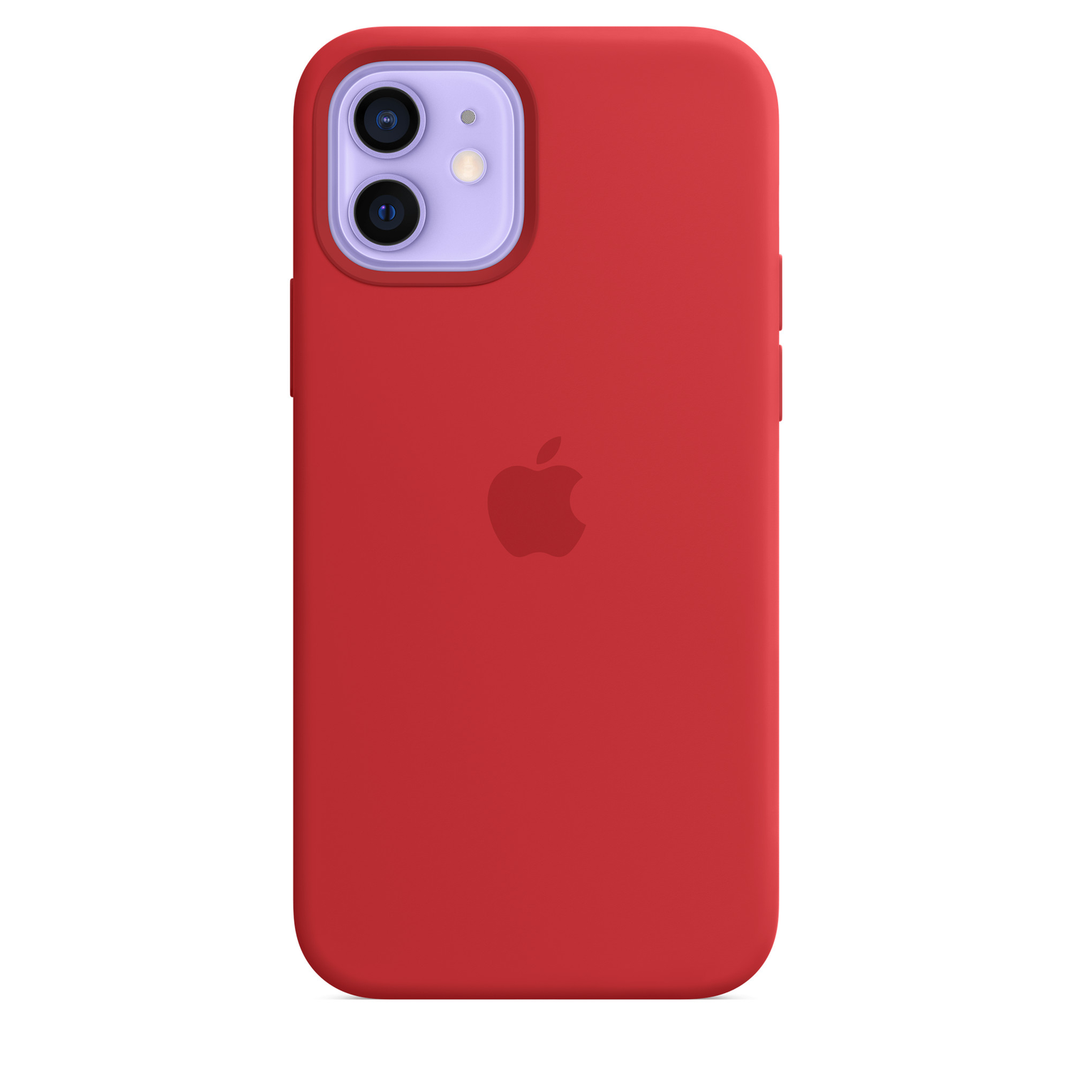 Rode iPhone 12 met paarse camerabult, Apple-logo.