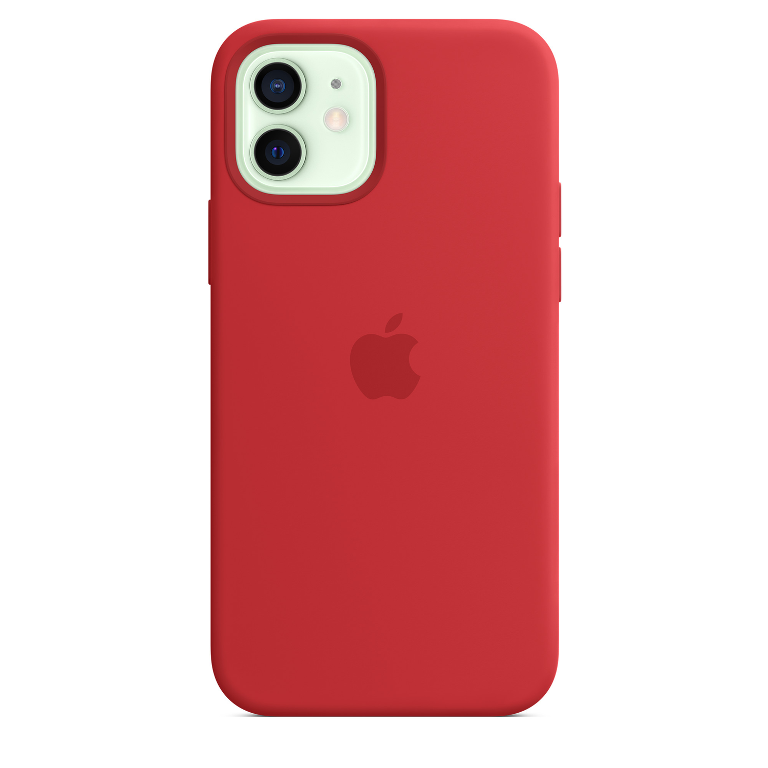 Rode iPhone 12-hoes. Toont de camera en het Apple-logo.