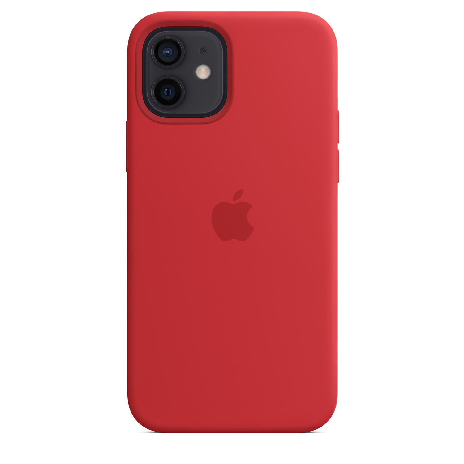 Rode iPhone-hoes met Apple-logo op de achterkant. De camera van de telefoon is zichtbaar.