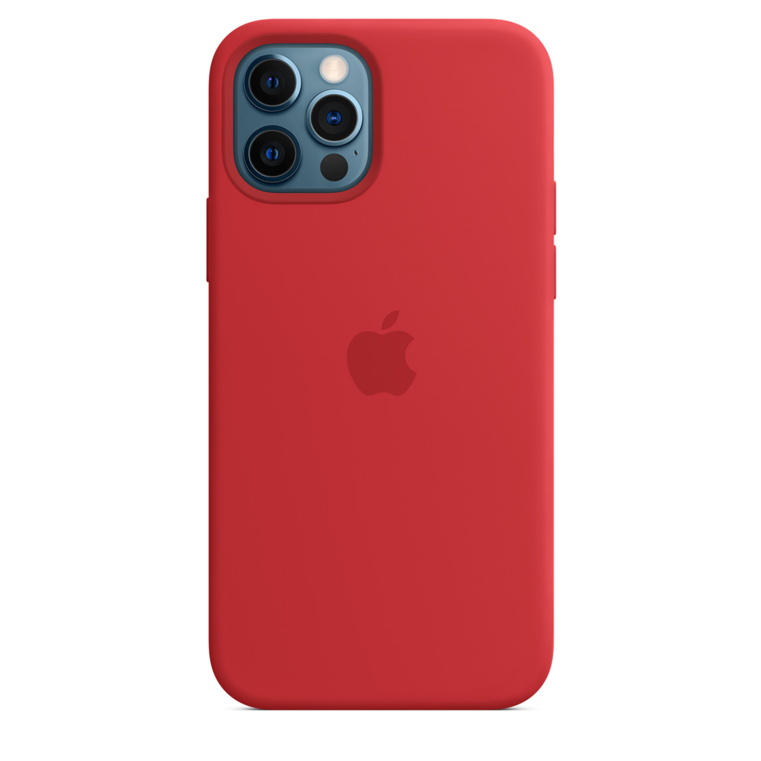De achterkant van een rode iPhone 12 Pro met drie camera's en het Apple-logo, op een witte achtergrond.