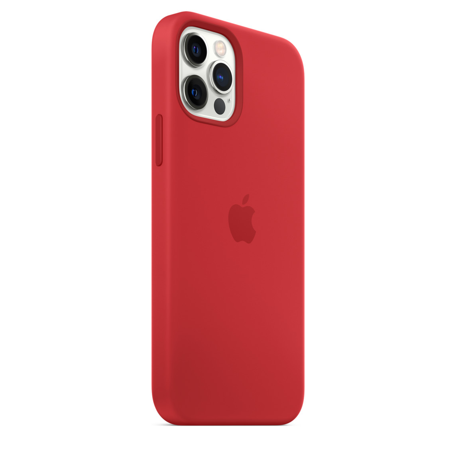 Een rode iPhone-hoes met een transparante rand en het Apple-logo op de achterkant. Geïsoleerd op wit.