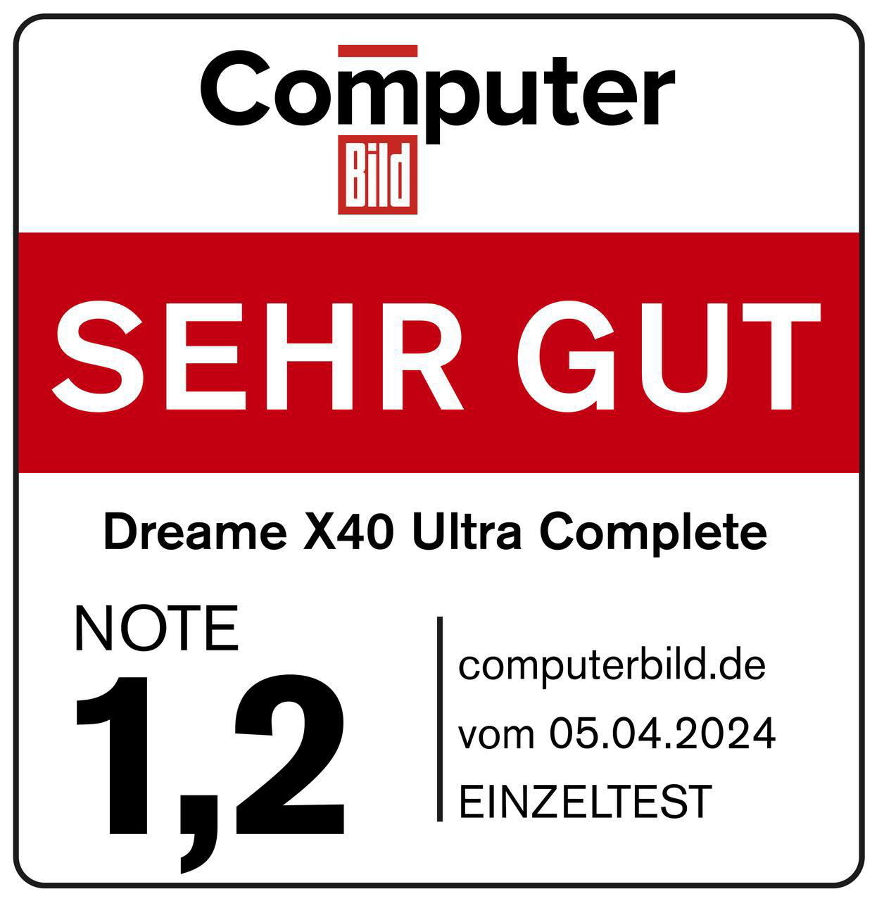 Computer Bild Bewertung mit einer Note von 1,2. Der Text lautet 'SEHR GUT'.