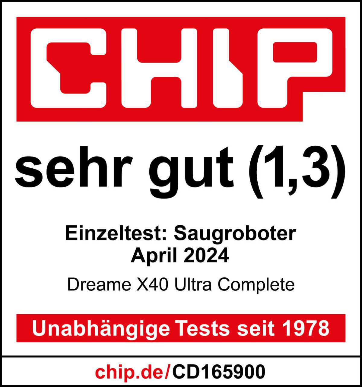 Ein rotes und weißes 'CHIP'-Logo mit Text, ein Staubsauger-Test und eine Website-Adresse.