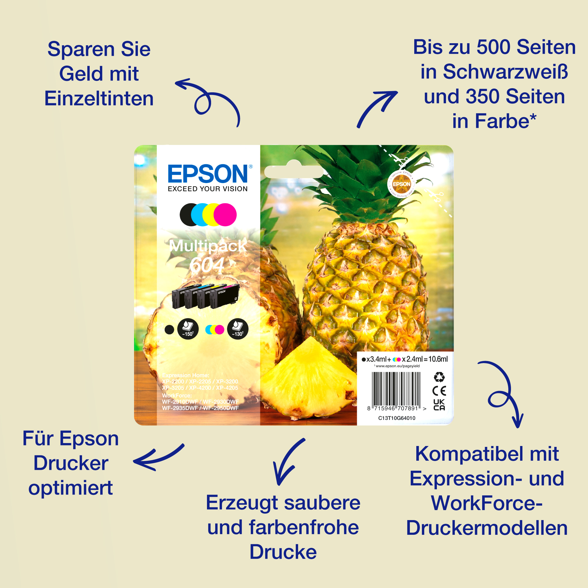 Epson Druckerpatronenpackung mit Ananas. Zeigt Tintenpatronen und Druckdetails.