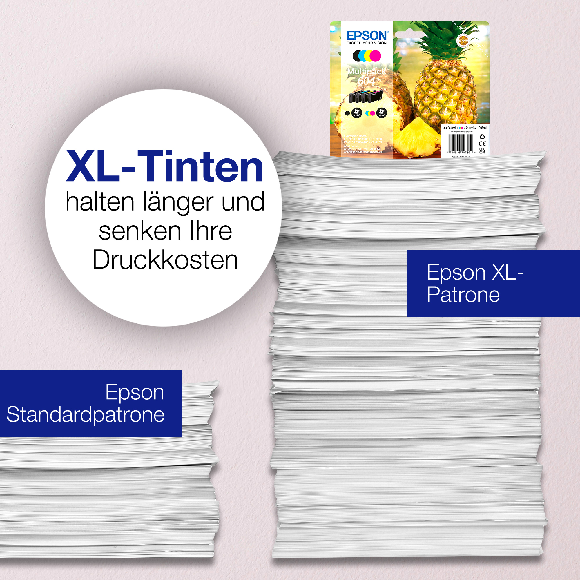 Papierstapel mit Text über XL-Tintenpatronen neben einer Druckerpatronenbox.