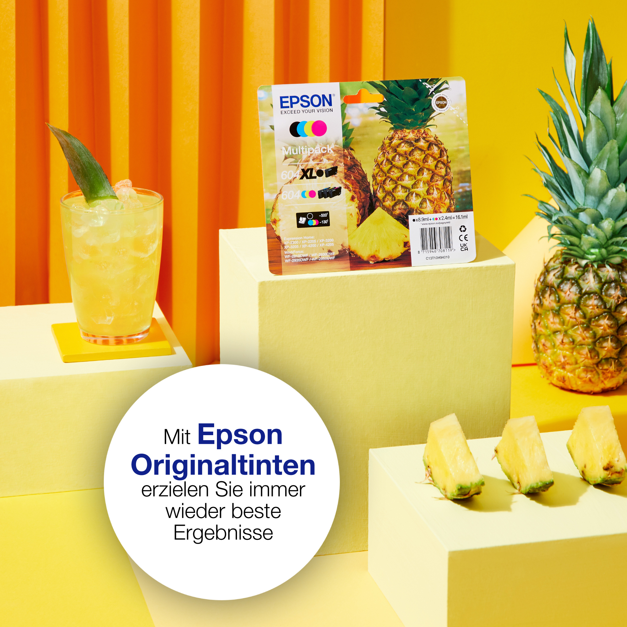 Bunte Darstellung mit Ananas, Getränk und Tintenpatronen.