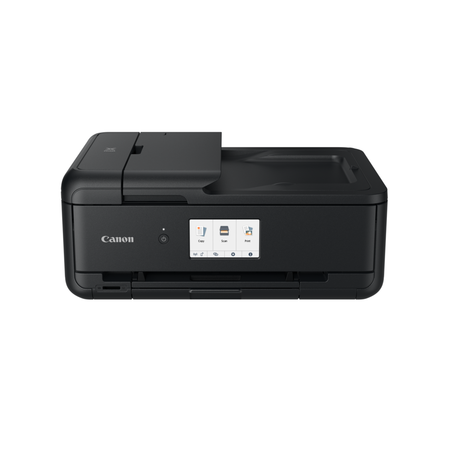 Black Canon printer with a screen. Buttons for copy, scan, and print.