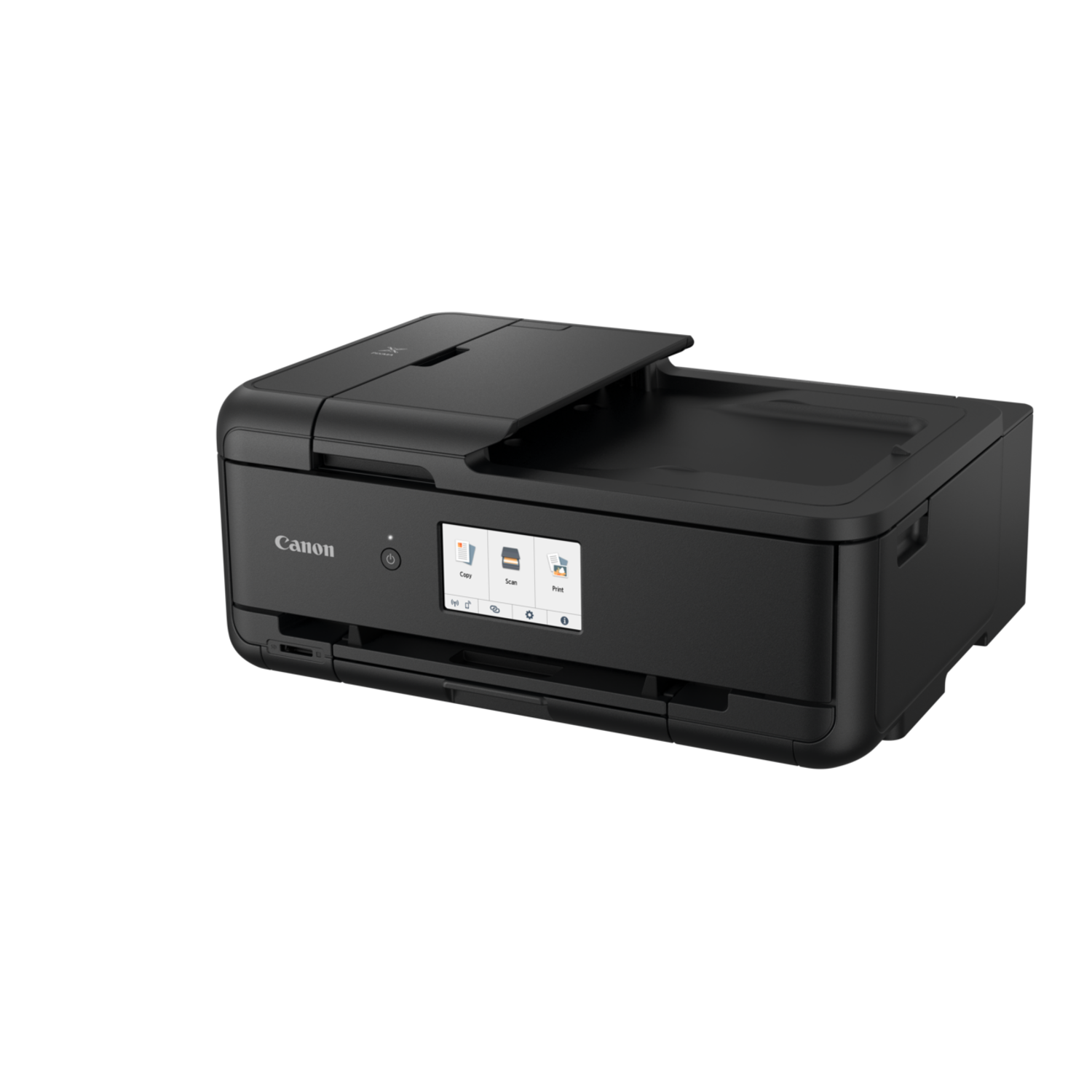Black Canon printer with a screen and buttons. It is on a black background.