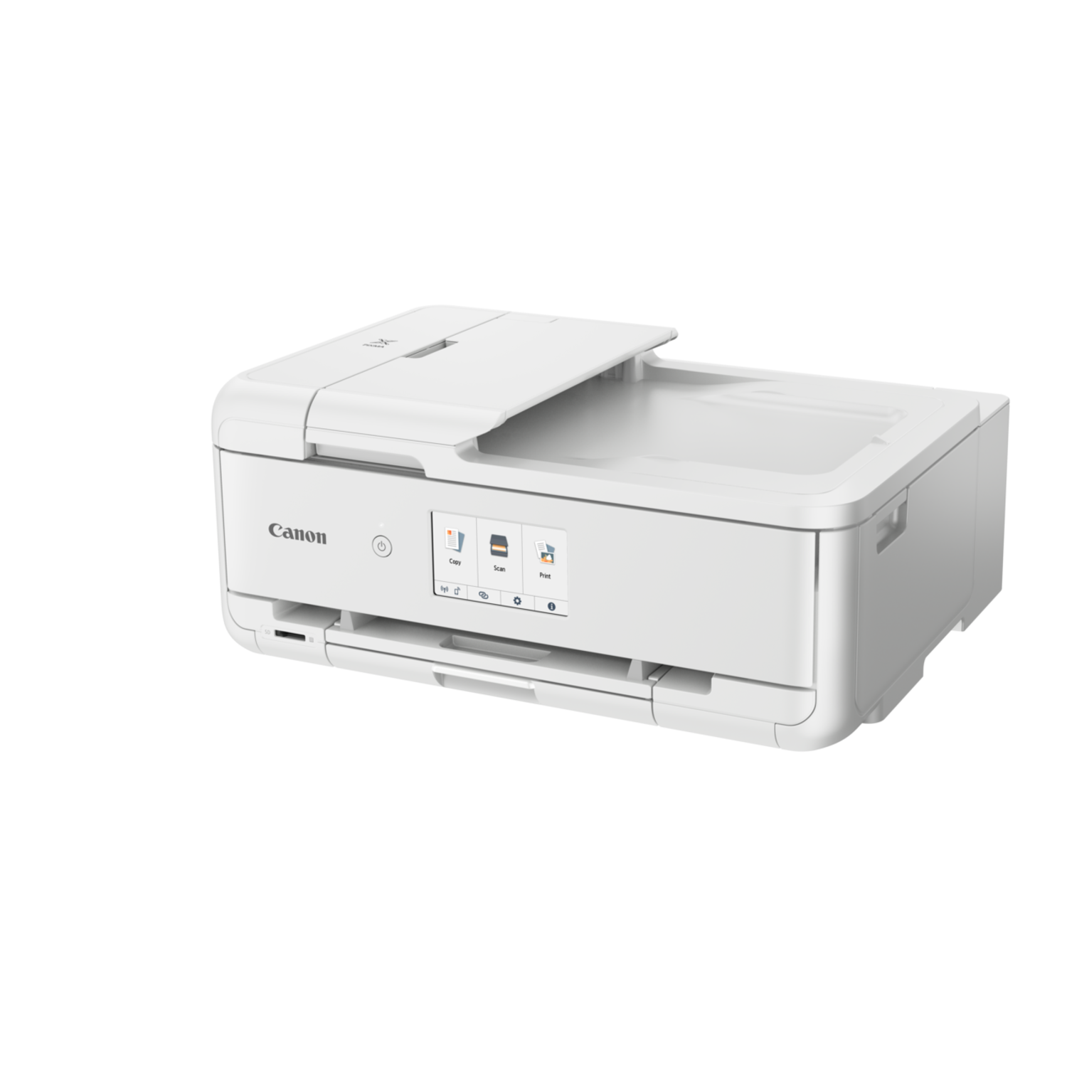 White Canon printer, top down view, with open lid, black background.