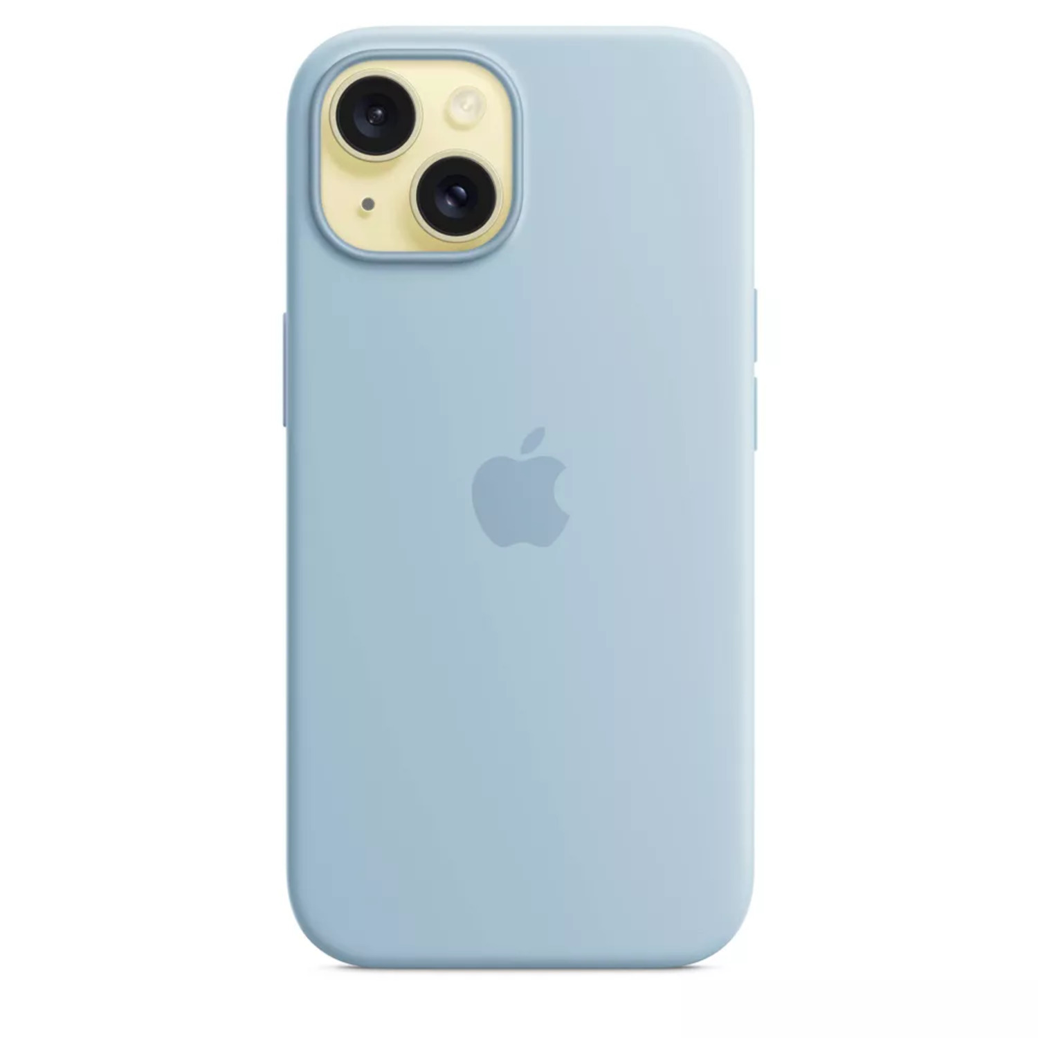 A blue iPhone case. The Apple logo is on the back. The case covers the sides of the phone.