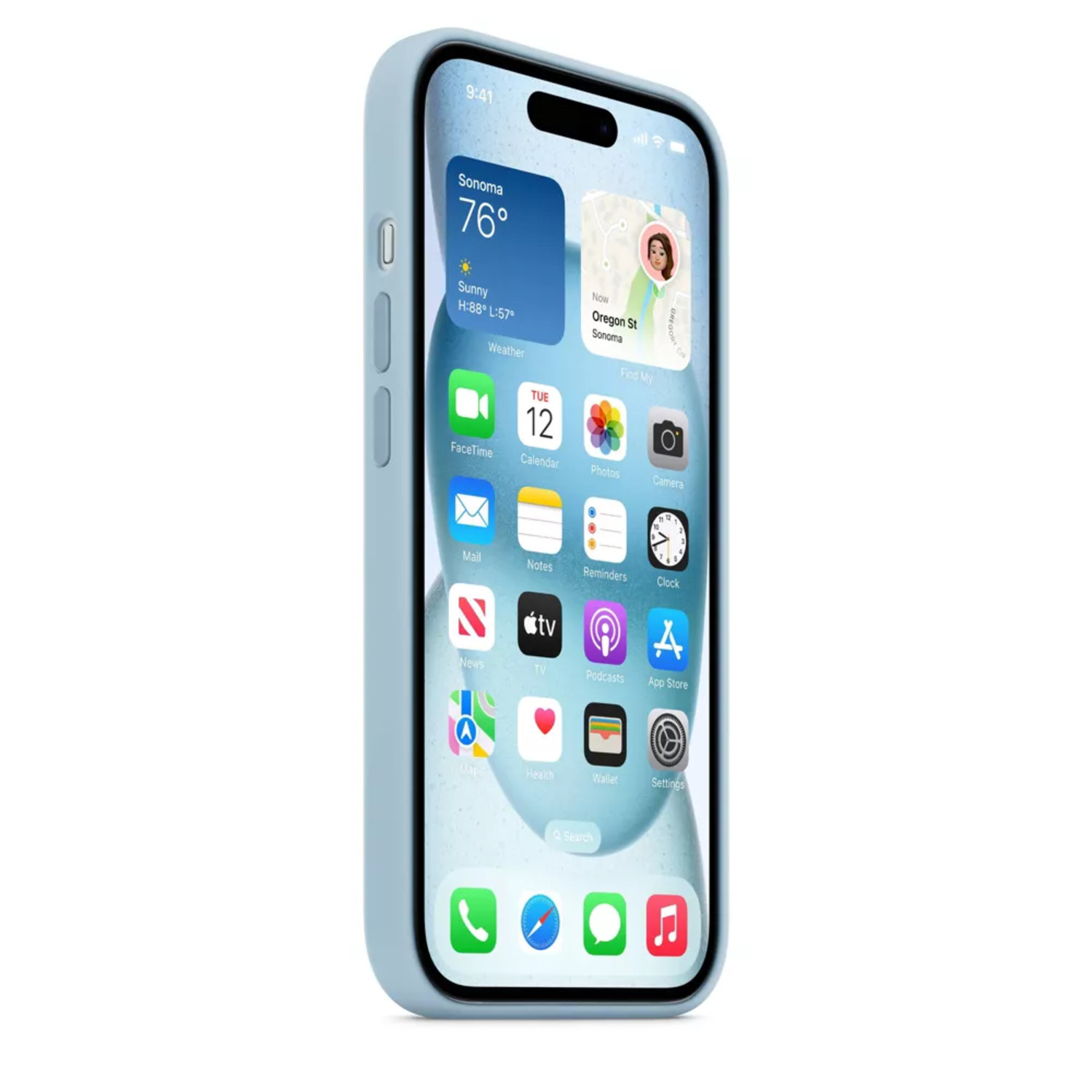 Light blue phone with apps on screen.