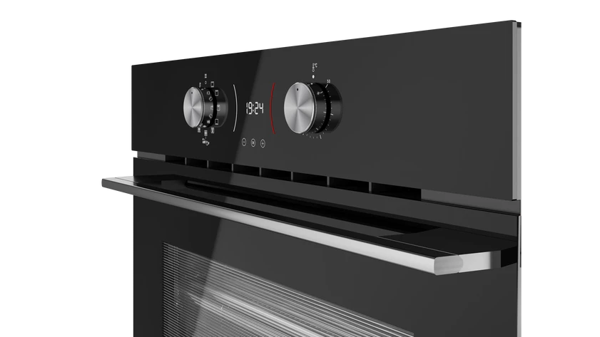 Panel de control de horno negro con dos mandos, una pantalla digital y un estante metálico. La hora en la pantalla es 19:24.