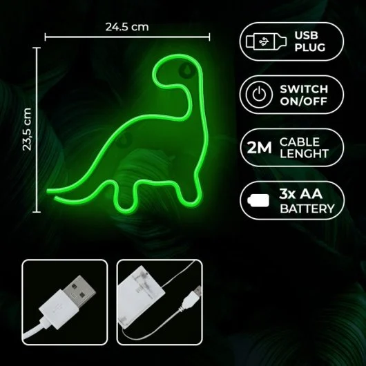 Luz de neón verde con forma de dinosaurio, con dimensiones y detalles de USB/batería sobre fondo negro.