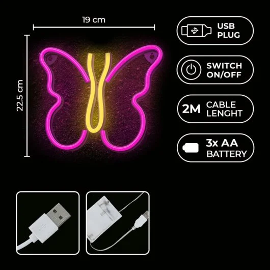 Una mariposa de neón rosa y amarilla. Tiene cable, enchufe USB, interruptor de encendido/apagado y batería.