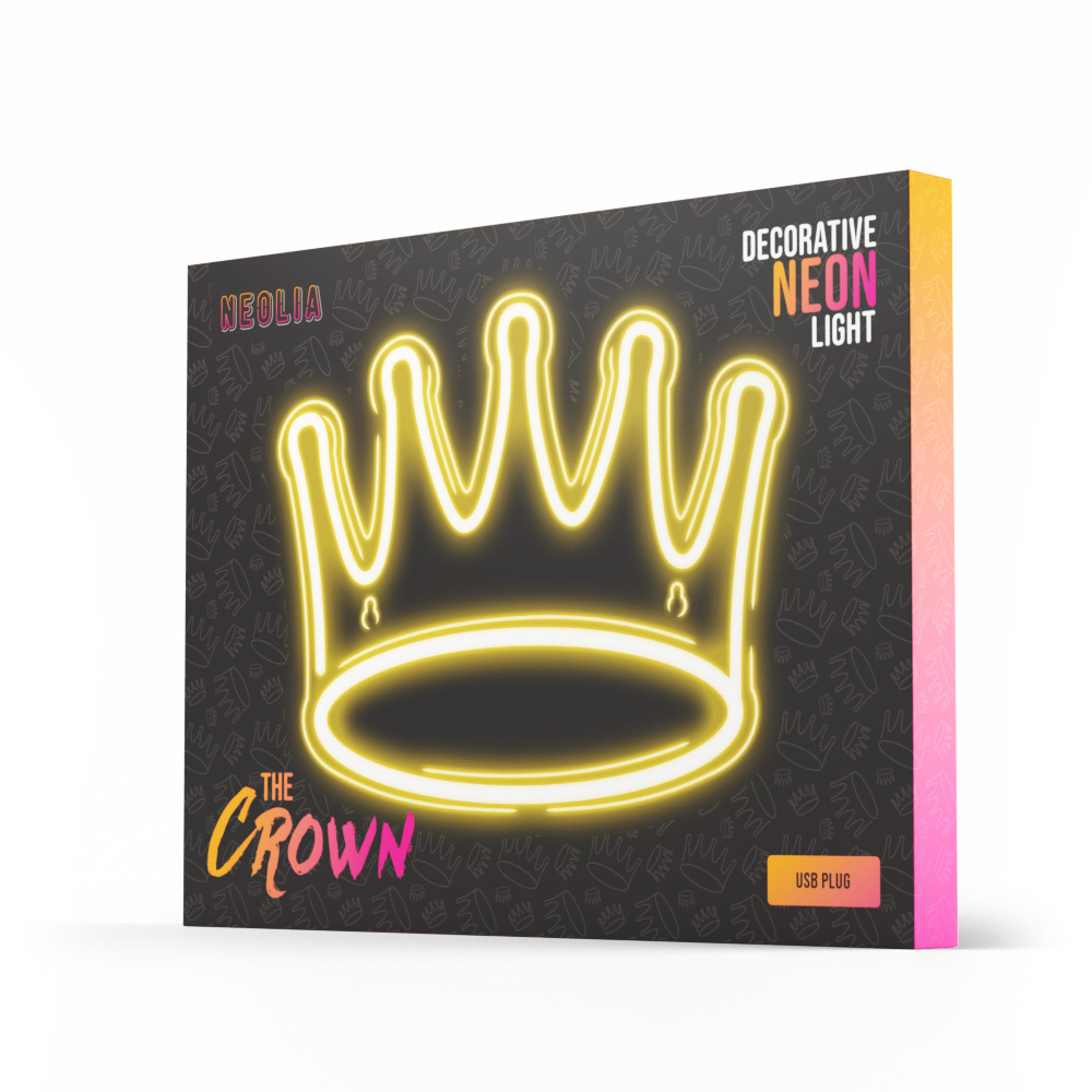 Una caja con un diseño de corona de neón y el texto "The Crown".