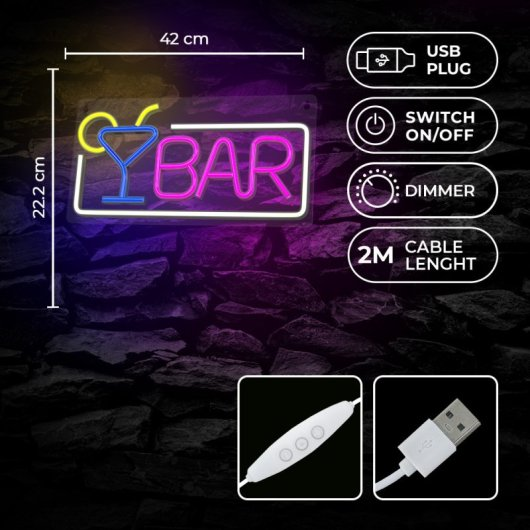 Letrero de neón 'BAR' con una copa de cóctel. Tiene enchufe USB, interruptor, regulador y cable de 2M.