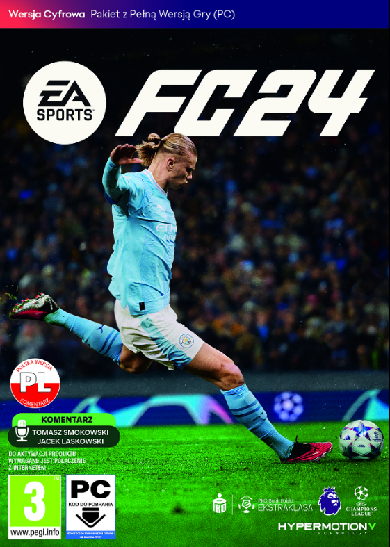 Okładka gry FC24. Haaland w akcji. Widoczne logo EA Sports, szczegóły gry i oceny.