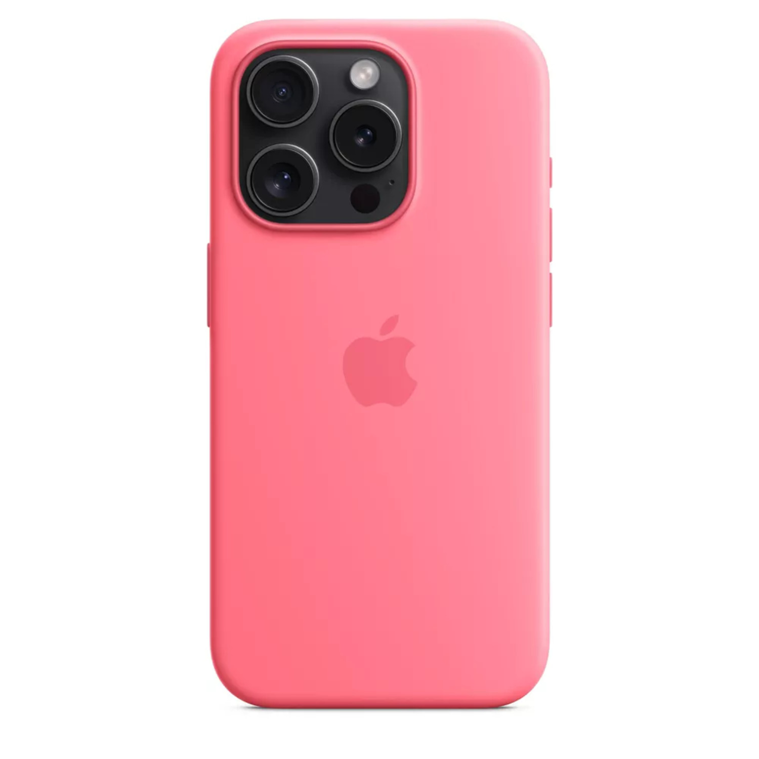 iPhone rose avec trois caméras et un logo Apple. Fond blanc.