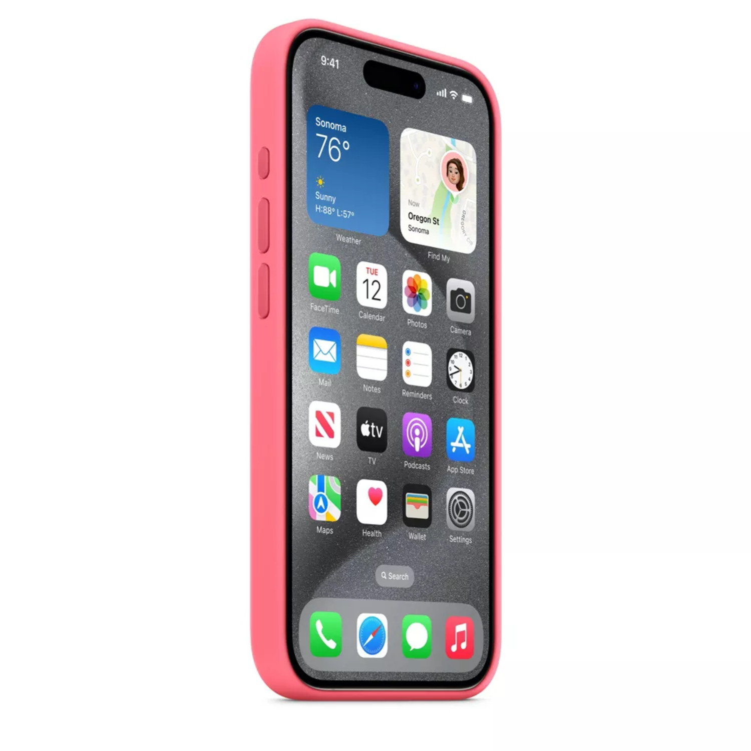 iPhone rose dans un étui, montrant l'écran d'accueil.